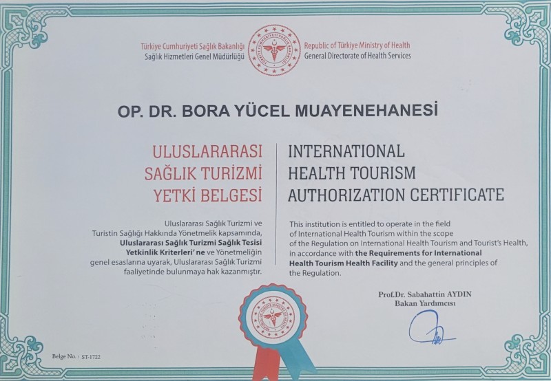 Op.Dr. Bora Yücel Sağlık Turizmi Yetki Belgesi